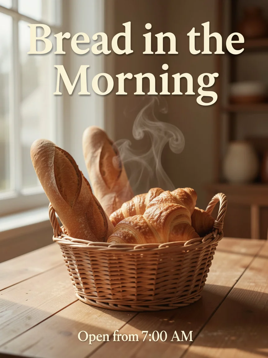 Плакат с корзиной у окна и английской надписью Bread in the Morning