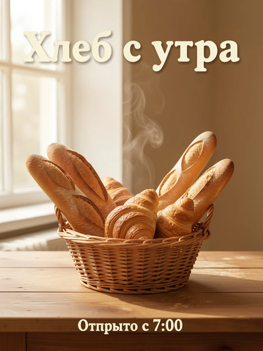 Плакат пекарни с надписью «Хлеб с утра» и строкой с ошибкой «Отпрыто с 7:00»